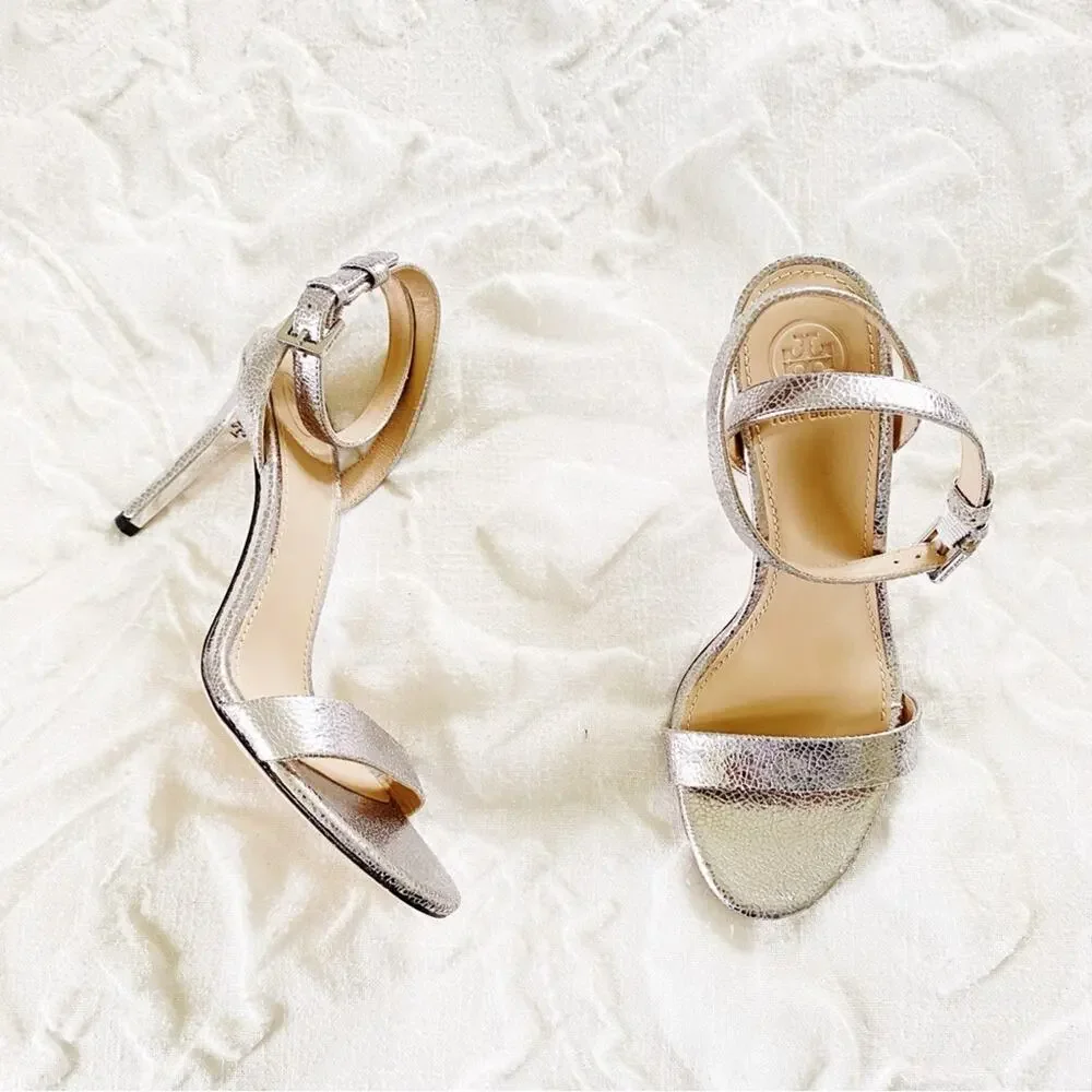Tory Burch Elana Silver AnkleWrap Heels Size 5.5